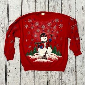 Vintage 1980s Snowman Holiday Time Red Xmas Ugly Sweater Christmas Sweatshirt